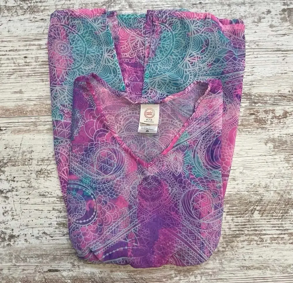 7/8 M Girls' sheer tunic swim cover-up vibrant pink, purple, and teal paisley
